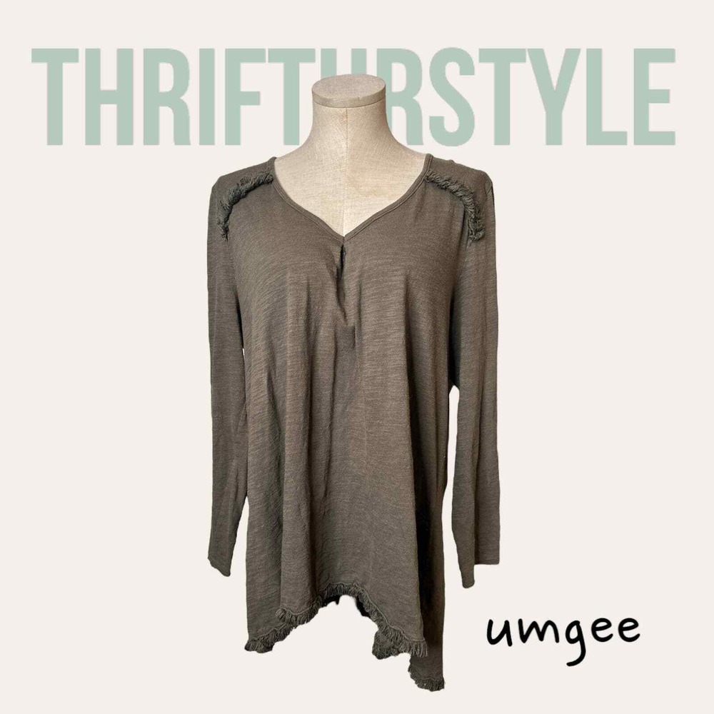 Umgee Tunic Top Olive Green Long Sleeve Fringed Hem Detail Casual Comfy